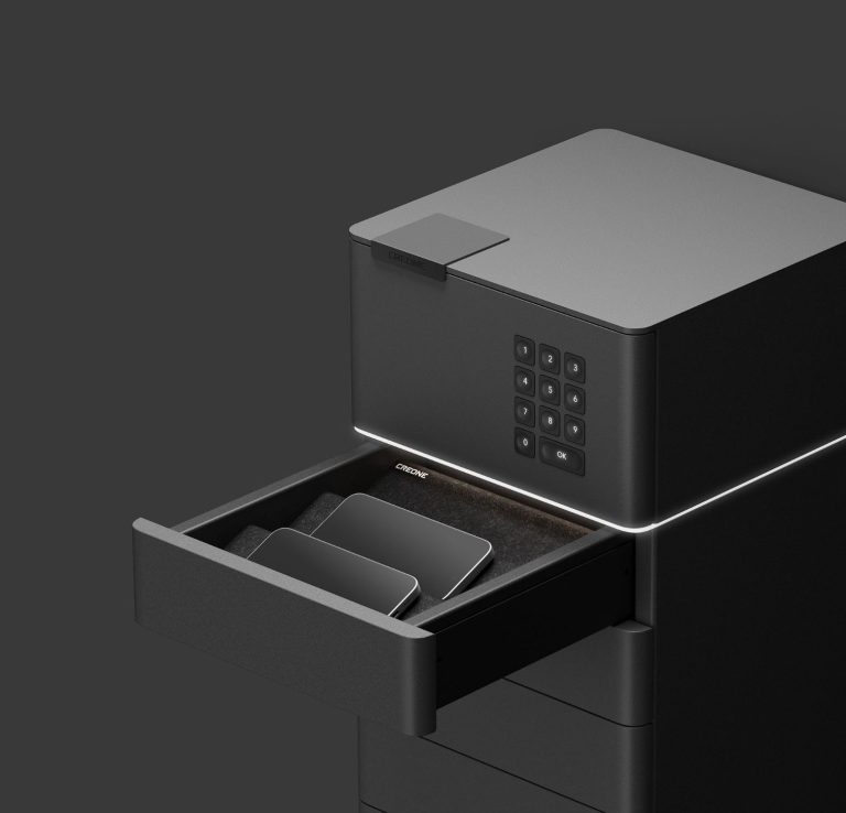 CREONE Frameless Moderner schwarzer Werfachschrank mit Bedientafel und Schubladen.